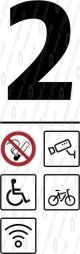 Infofeld 2. KlasseNichtraucher, Kameraüberwacht, Rollstuhlfahrer, Fahrrad, WLAN
