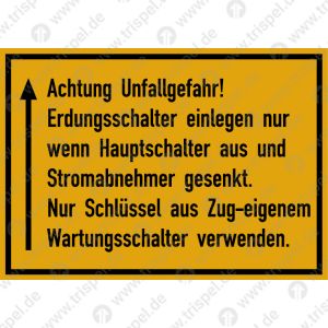 Achtung Unfallgefahr! Erdungsschalter einlegen nur wenn Hauptschalter aus und Stromabnehmer gesenkt. Nur Schlüssel aus Zug-eigenem Wartungsschalter verwenden.